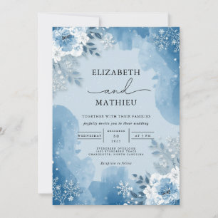 Icy Blue Frost Floral Winter Wedding Invitation