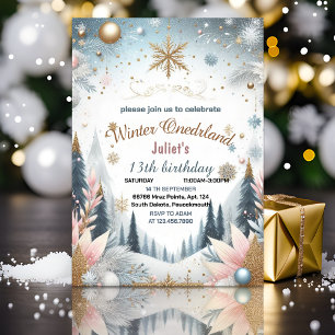 icy blue girl snow Winter Onederland 13th birthday Invitation