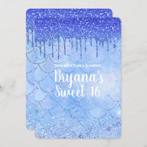 Icy Blue Glitter Drip Mermaid Sweet 16 Party Invitation