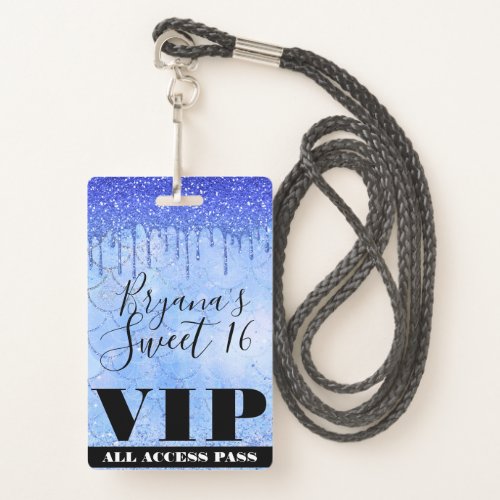 Icy Blue Glitter Drip Mermaid Sweet 16 VIP Pass Badge