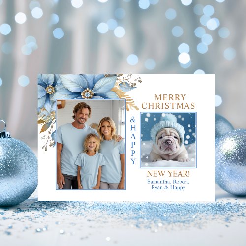 Icy Blue Gold Poinsettia Christmas  2 PHOTO Holiday Card