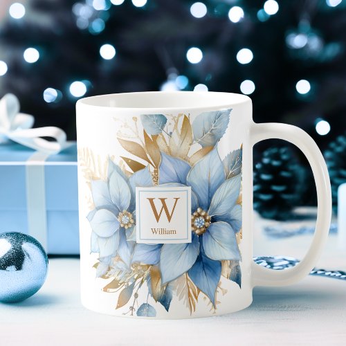  Icy Blue Gold Poinsettia Christmas MONOGRAM Coffee Mug