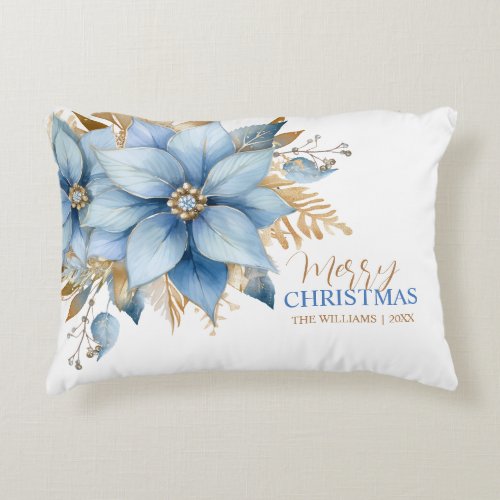  Icy Blue Gold Poinsettia Flower Christmas Accent Pillow