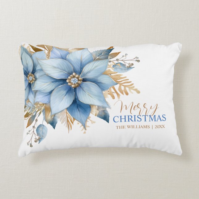  Icy Blue Gold Poinsettia Flower Christmas Accent Pillow (Front)
