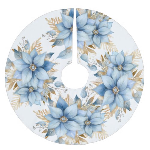  Icy Blue Gold Poinsettia Flower Christmas Brushed Polyester Tree Skirt