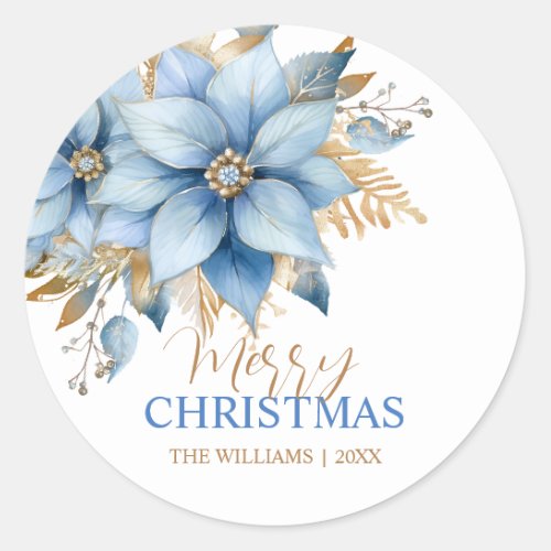  Icy Blue Gold Poinsettia Flower Christmas Classic Round Sticker