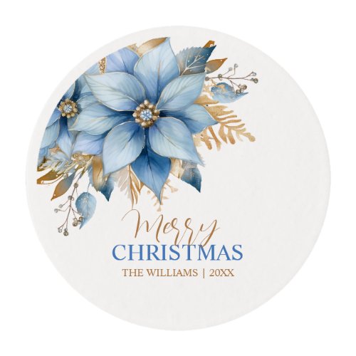  Icy Blue Gold Poinsettia Flower Christmas Edible Frosting Rounds