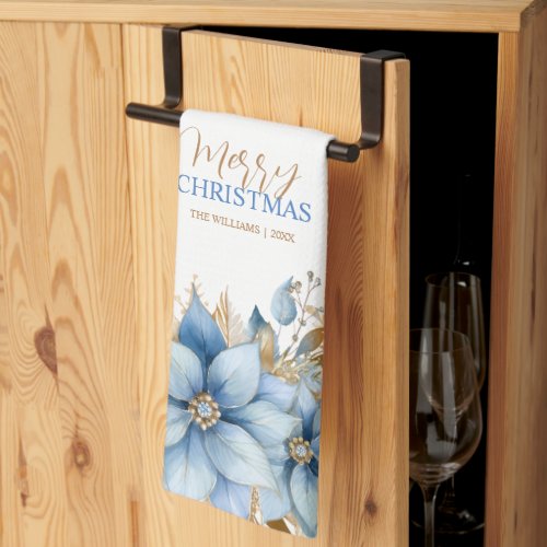  Icy Blue Gold Poinsettia Flower Christmas Kitchen Towel