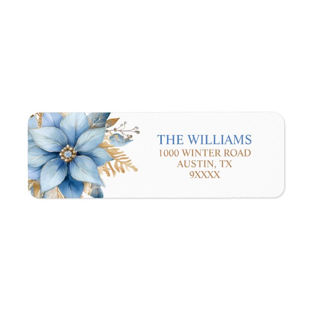 Icy Blue Gold Poinsettia Flower Christmas Label (Front)