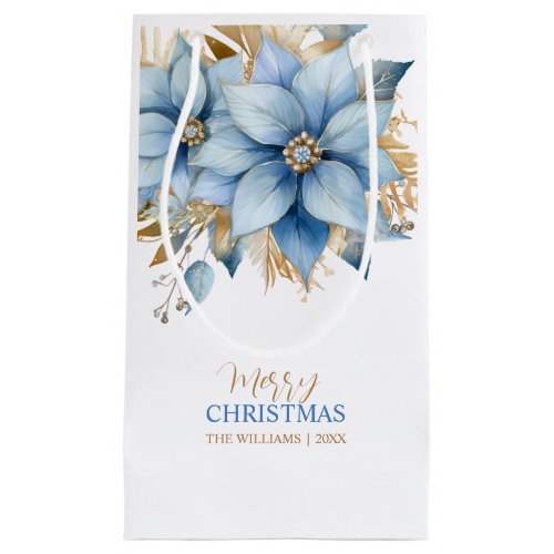 Icy Blue Gold Poinsettia Flower Christmas  NAME Small Gift Bag