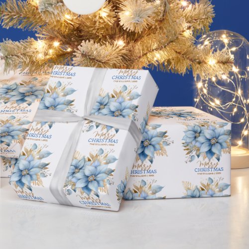 Icy Blue Gold Poinsettia Flower Christmas  NAME Wrapping Paper