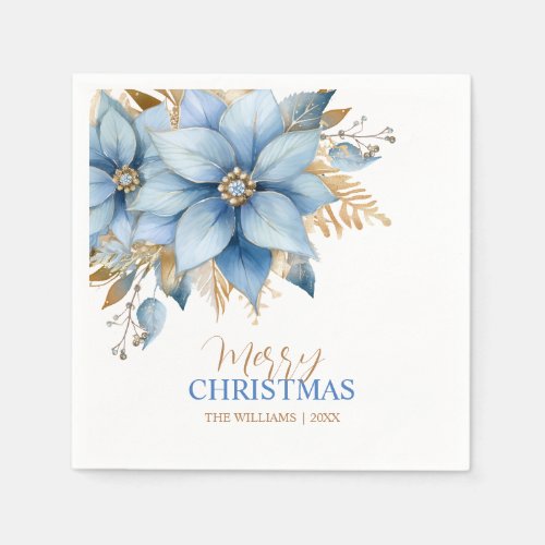  Icy Blue Gold Poinsettia Flower Christmas Napkins