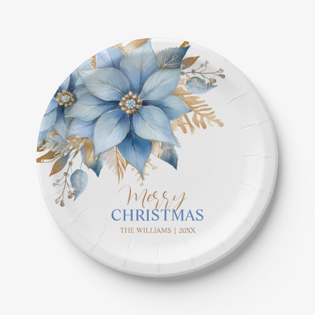  Icy Blue Gold Poinsettia Flower Christmas Paper Plates (Front)