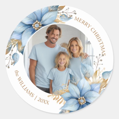  Icy Blue Gold Poinsettia Flower Christmas PHOTO Classic Round Sticker