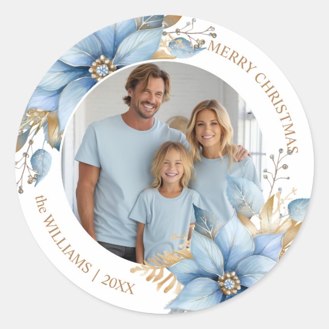  Icy Blue Gold Poinsettia Flower Christmas PHOTO Classic Round Sticker (Front)