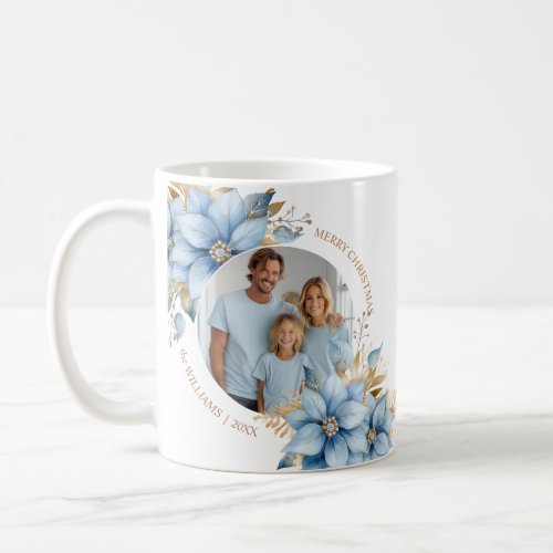  Icy Blue Gold Poinsettia Flower Christmas PHOTO Coffee Mug