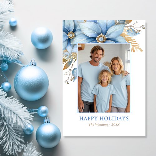  Icy Blue Gold Poinsettia Flower Christmas PHOTO Holiday Card