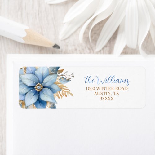  Icy Blue Gold Poinsettia Flower Christmas Return  Label