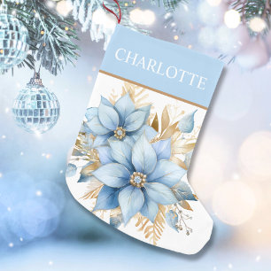 Icy Blue Gold Poinsettia Flower Christmas Small Christmas Stocking