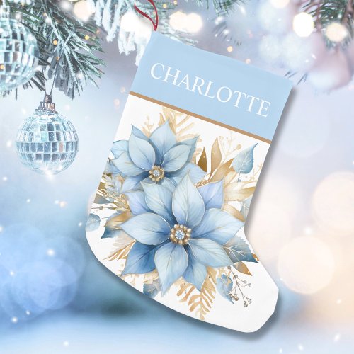  Icy Blue Gold Poinsettia Flower Christmas Small Christmas Stocking
