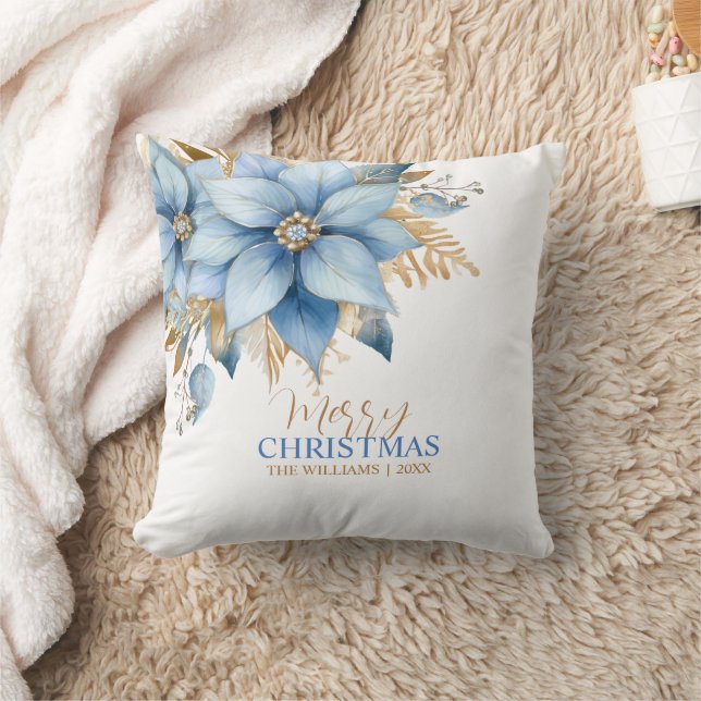  Icy Blue Gold Poinsettia Flower Christmas Throw Pillow (Blanket)