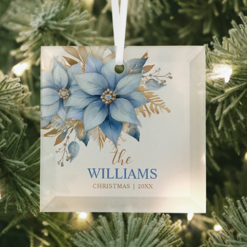  Icy Blue Gold Poinsettia Flower Christmas Tree Glass Ornament