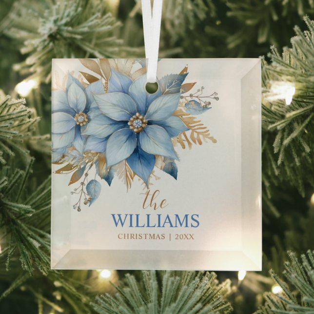  Icy Blue Gold Poinsettia Flower Christmas Tree Glass Ornament (Insitu)