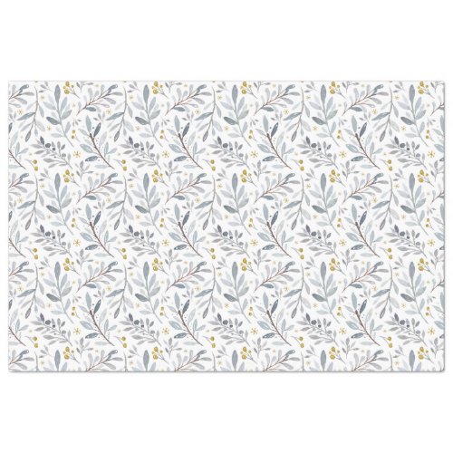 Icy Blue Gold Watercolor Winter Botanical Pattern Tissue Paper