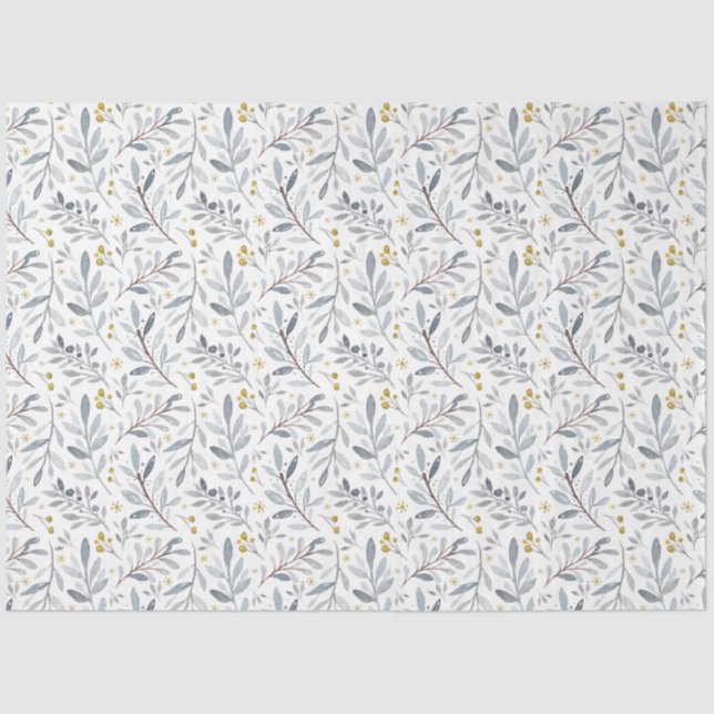 Icy Blue Gold Watercolor Winter Botanical Pattern Tissue Paper (Front)