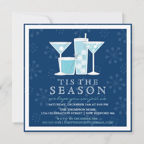 Icy Blue Holiday Snowflakes and Cocktail Party Personalized Announcements