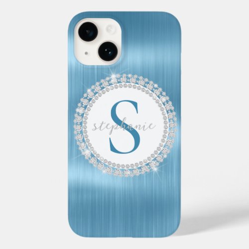Icy Blue Monogram Diamonds Metallic Elegant Custom Case_Mate iPhone 14 Case