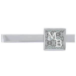 Icy Blue on Gray Monogram Silver Finish Tie Bar
