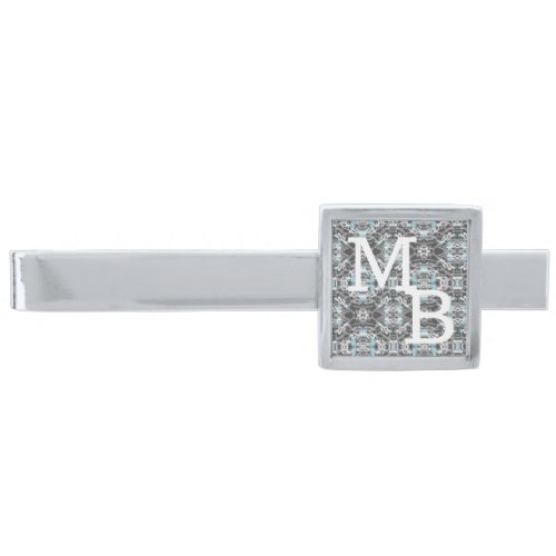Icy Blue on Gray Monogram Silver Finish Tie Bar