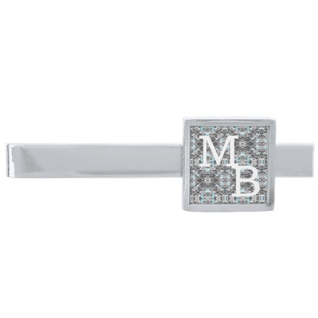 Icy Blue on Gray Monogram Silver Finish Tie Bar (Front)