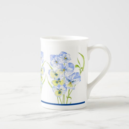 Icy Blue Pansies on a Bone China Mug