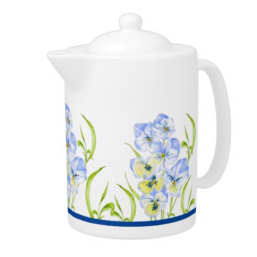 Icy Blue Pansies on a Teapot