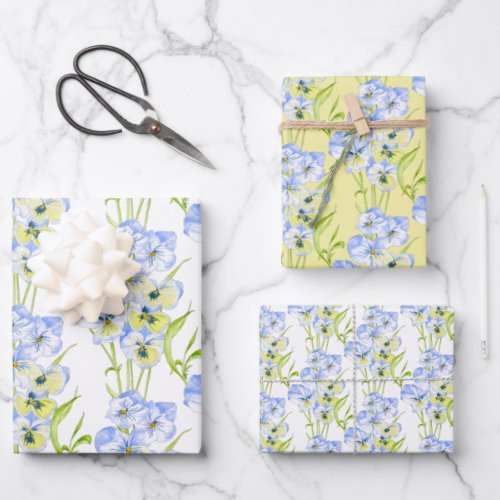 Icy Blue Pansies on Wrapping Paper Set 