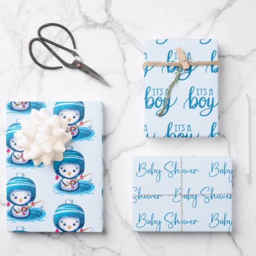 Icy Blue Penguin Baby Shower Wrapping Paper Sheets