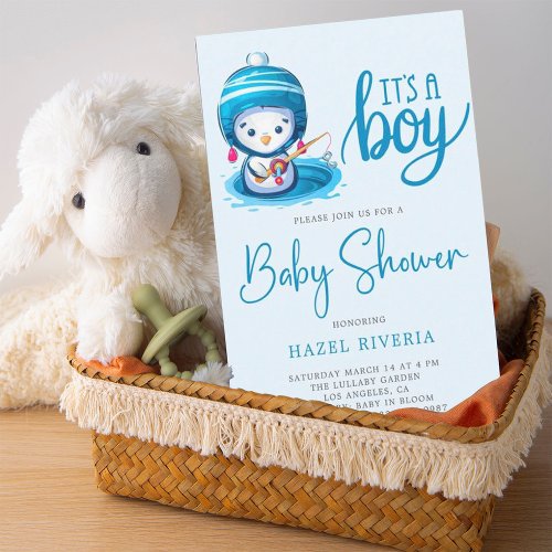 Icy Blue Penguin Its a Boy Baby Shower  Invitation