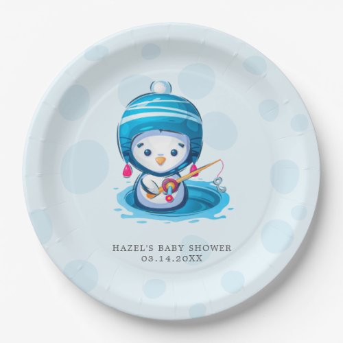 Icy Blue Penguin Winter Baby Shower Paper Plate 