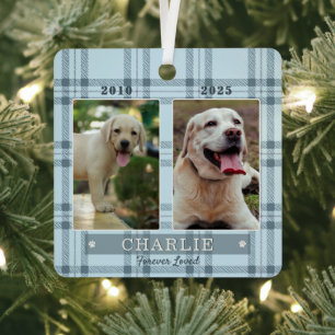 Icy Blue Plaid Dog Rainbow Bridge Keepsake Metal Ornament