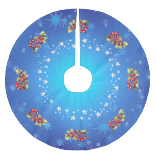 Icy Blue Red Berries & Stars Christmas Brushed Polyester Tree Skirt