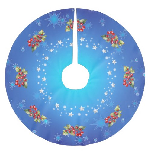 Icy Blue Red Berries  Stars Christmas Brushed Polyester Tree Skirt