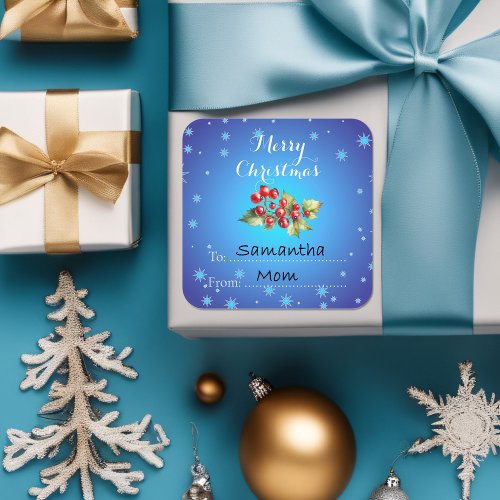 Icy Blue Red Holly Berries Merry Christmas  Square Sticker