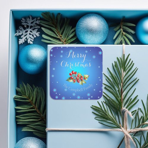 Icy Blue Red Holly Berries Merry Christmas  Square Sticker