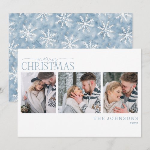Icy Blue Snowflake Winter Christmas 3 Photo Holiday Card