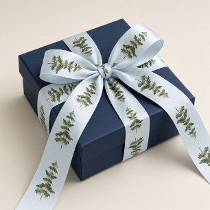 Icy Blue Watercolor Christmas Pine Trees Satin Ribbon