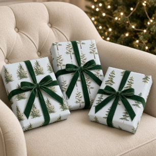 Icy Blue Watercolor Christmas Pine Trees Wrapping Paper Sheets