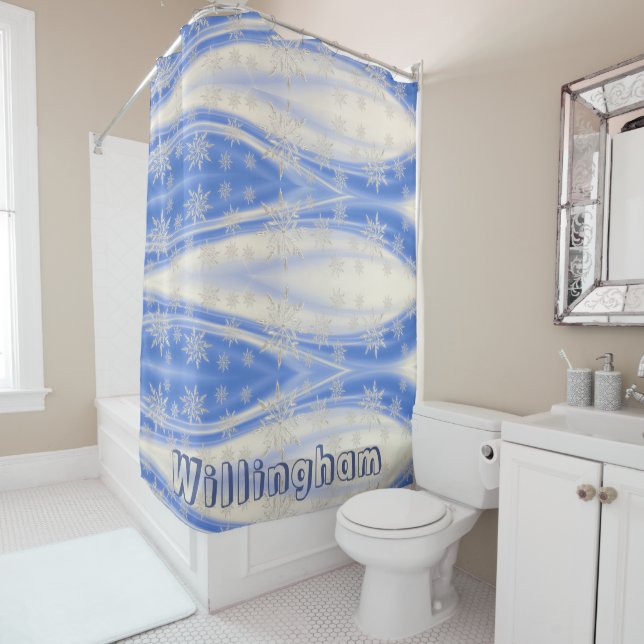 Icy Blue White Snowflake Winter Family Name Shower Curtain (In Situ)