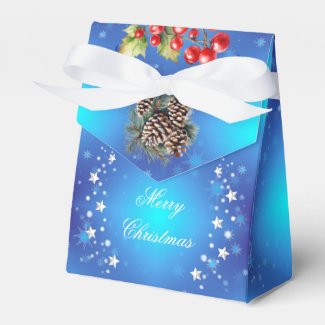 Icy Blue White Stars Pine Cone Red Berries Gift
